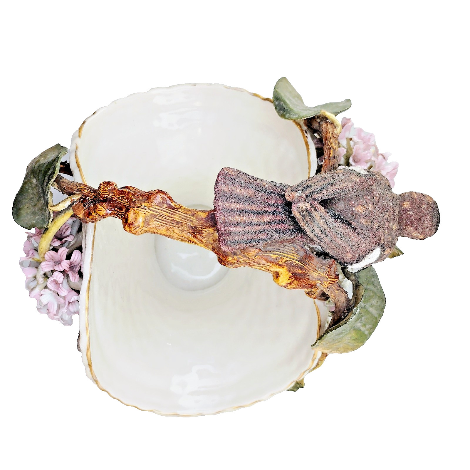 Dresden Porcelain Barbotine Flower Basket with Bird On Twig Handle, Restored OBO