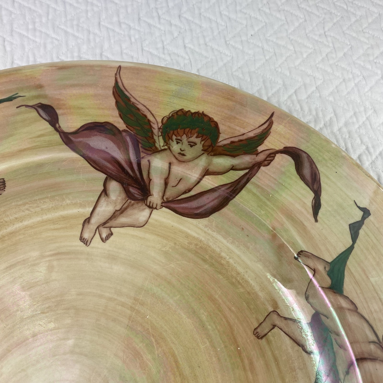 Vintage Italian Cherub Charger Plate Hand Painted Iridescent 15.75″ Wall Decor