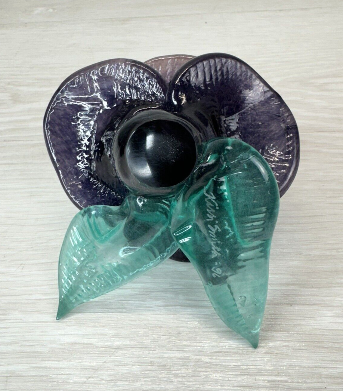 Art Glass Flower Dark Purple Rose Figurine with Green Leaves 4″ Signed Vintage