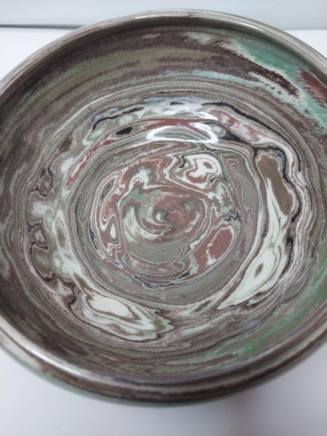 Desert Sands Pottery 5.5” Bowl Green Red Brown Blue Swirl Handmade MCM