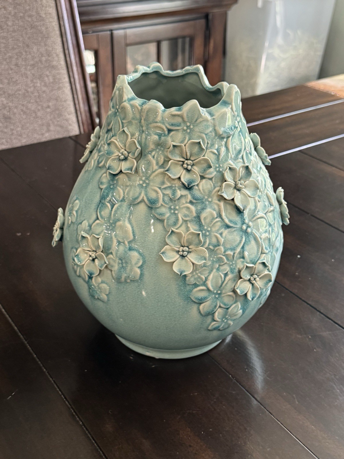 Vintage Pier 1 Discontinued Large Aqua Ceramic Vase 3-D Flowers 11 1/2” H
