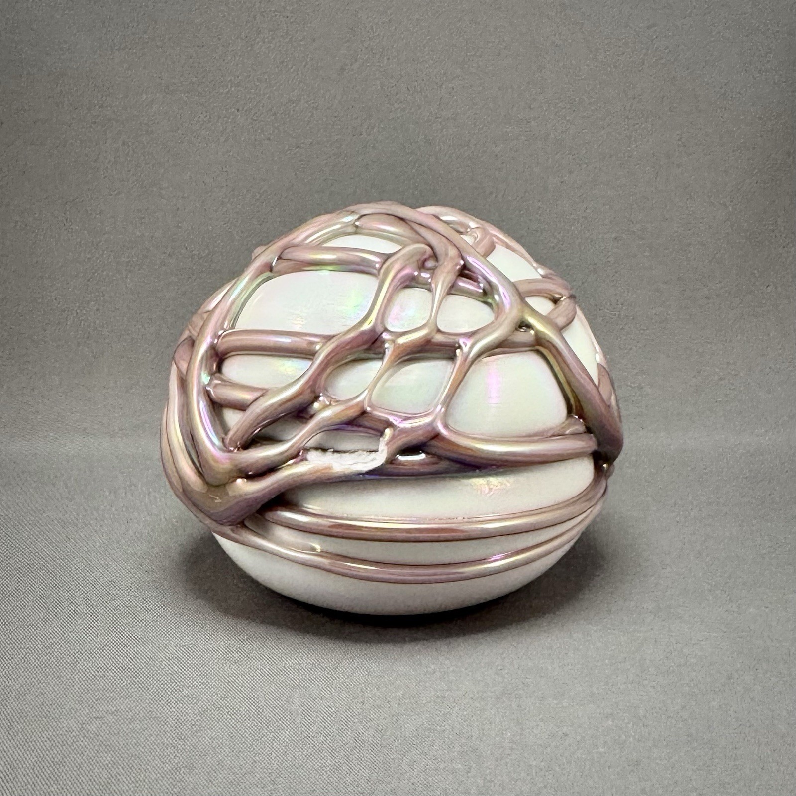 Gibson Glass Milk Carnival Paperweight Applied Pink Purple Strings 1991 DAMAGED