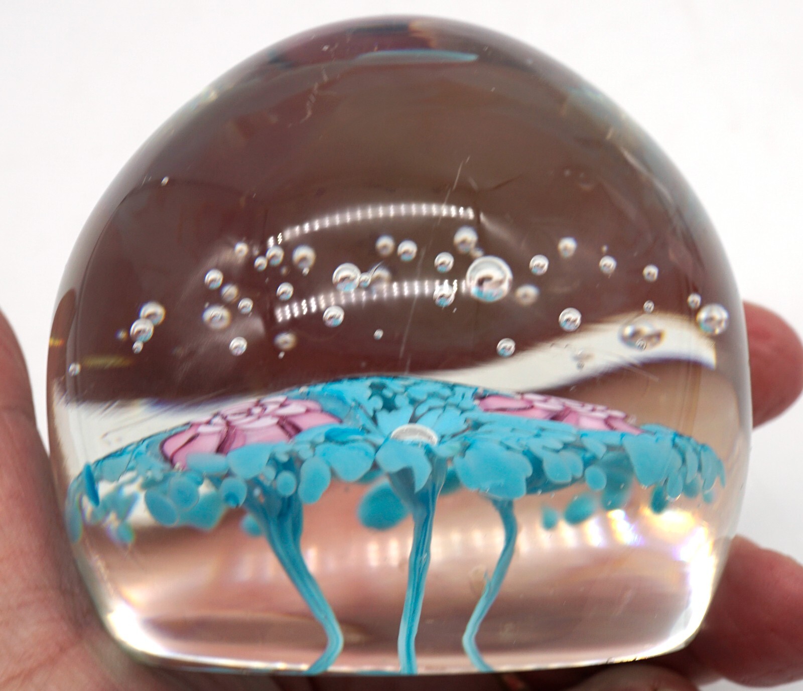Vintage Flower Explosion Art Glass Paperweight Frit of Blue Pink Flowers Bubbles
