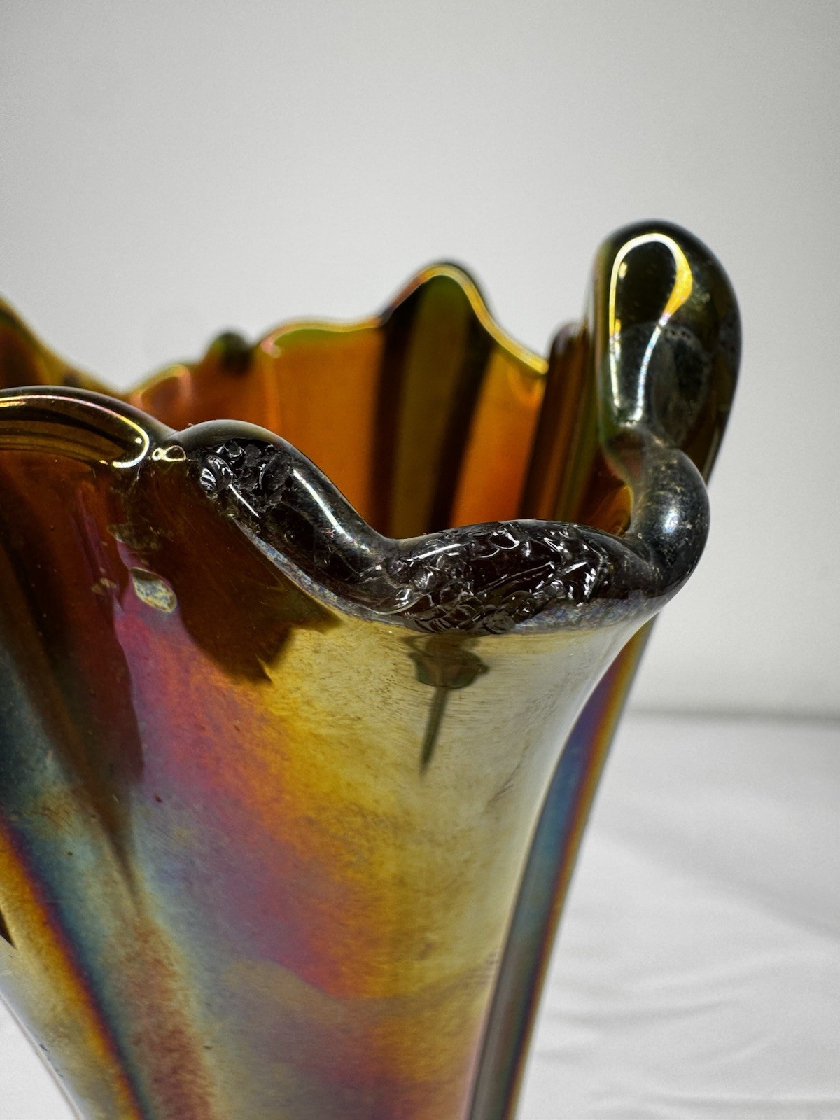 Antique Carnival Glass Four Pillar Vase Howard Furniture Co. Green Iridescent