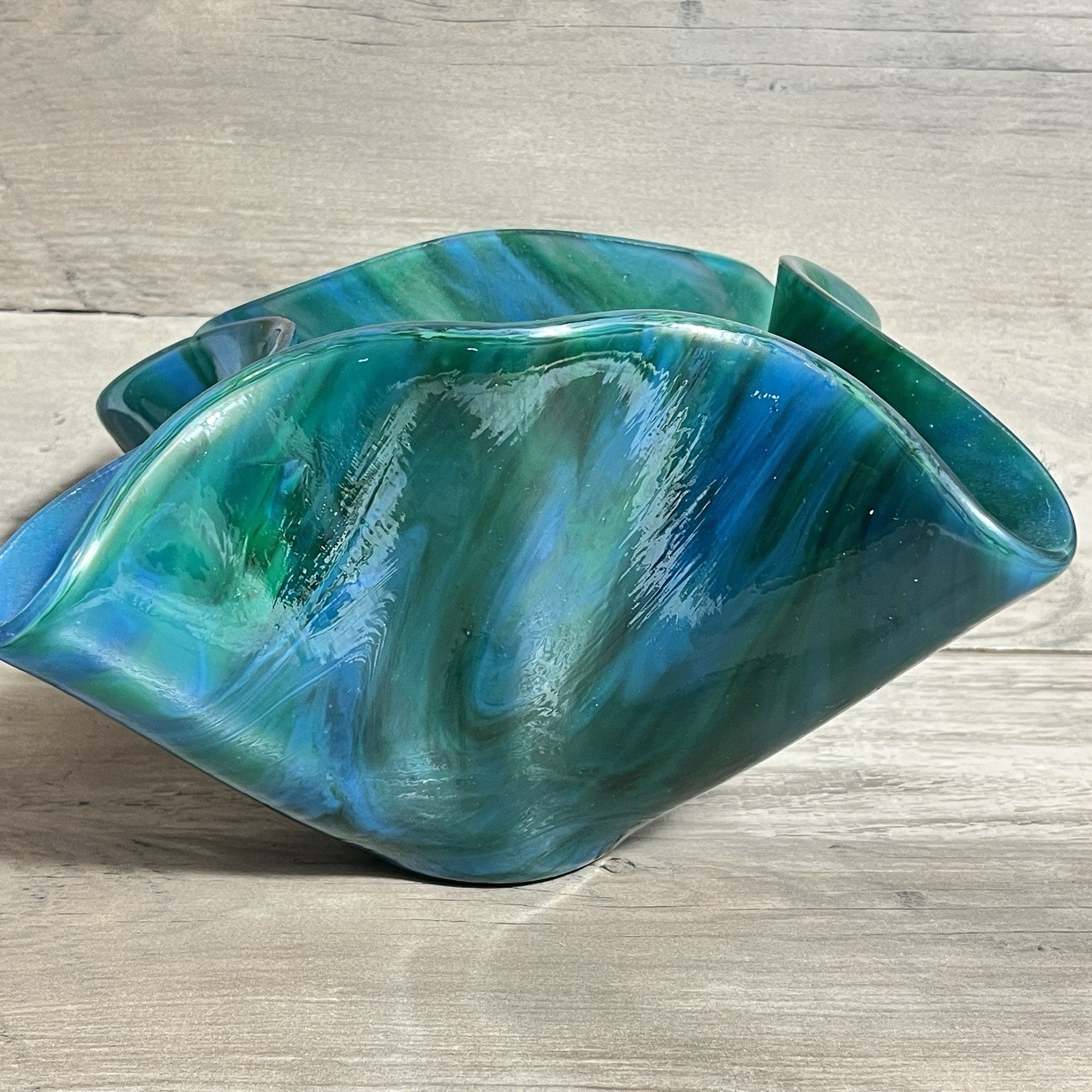 Handkerchief Hand Blown Teal Blue Swirl Art Glass Vase Mid Century Style studio