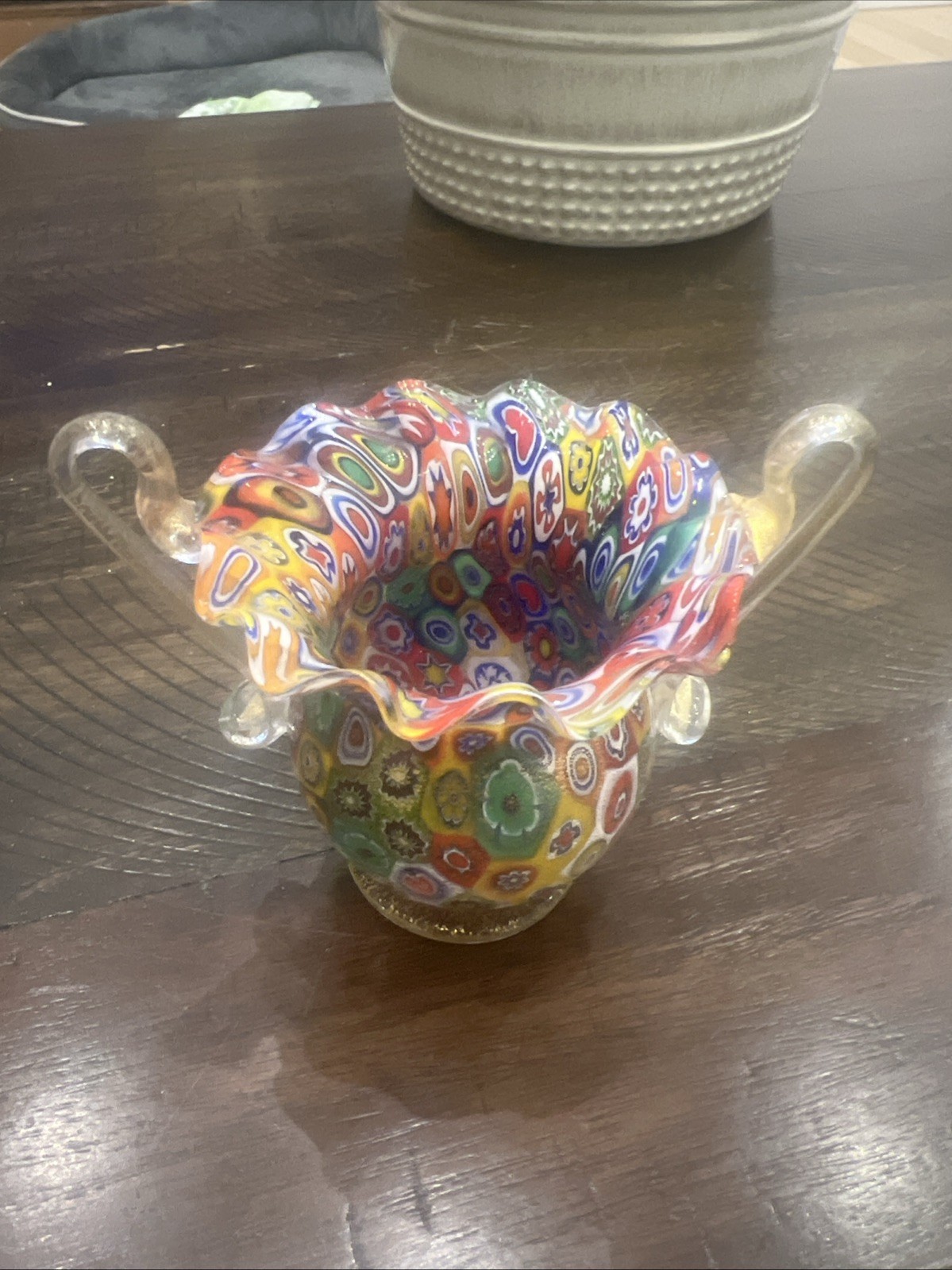 Murano Venetian Blown Glass Millefiori Miniature Vase Gold Flecked 4 1/4 Inch