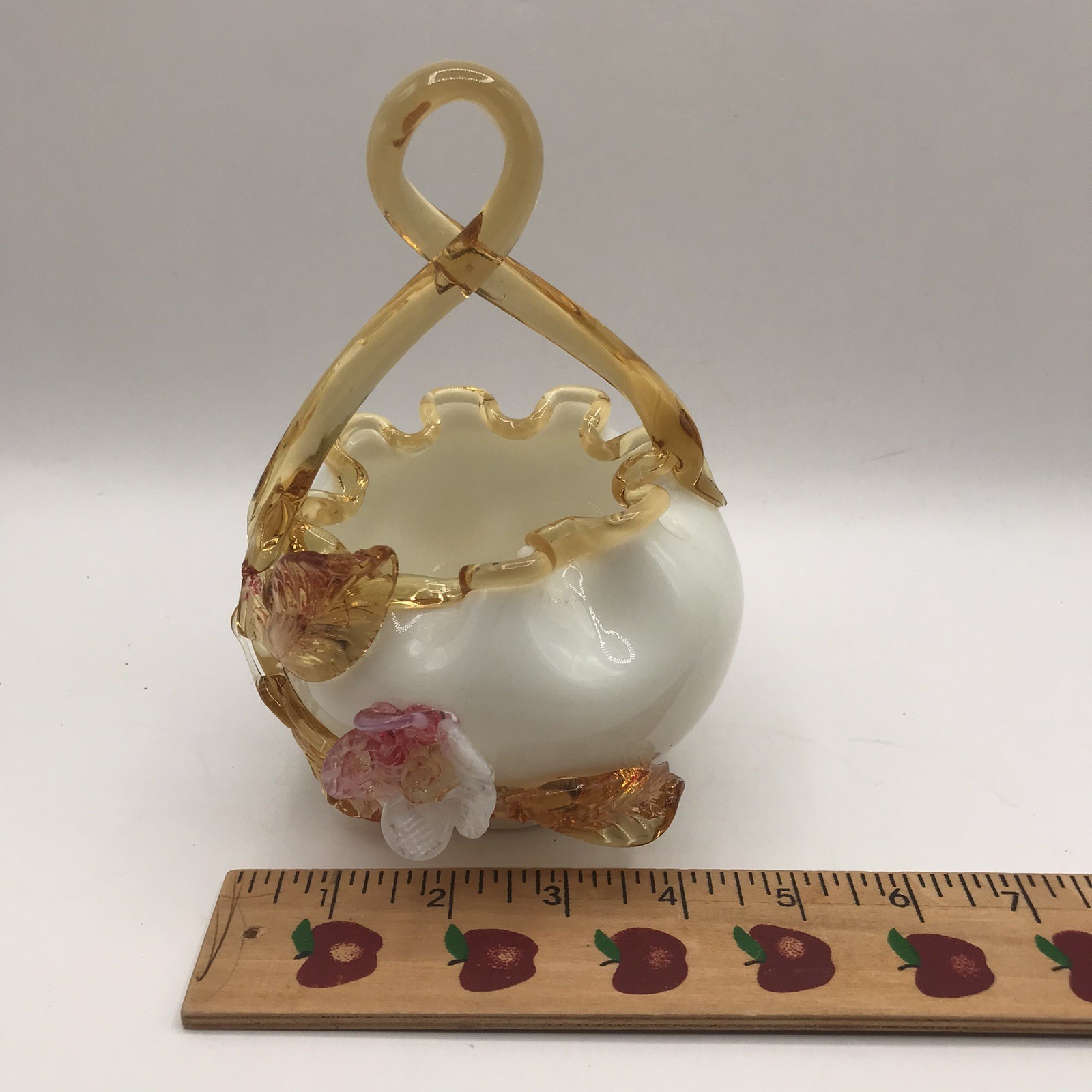 Antique Stevens & Williams Basket Amber Crest & Handle, Flower on White – GLOWS!