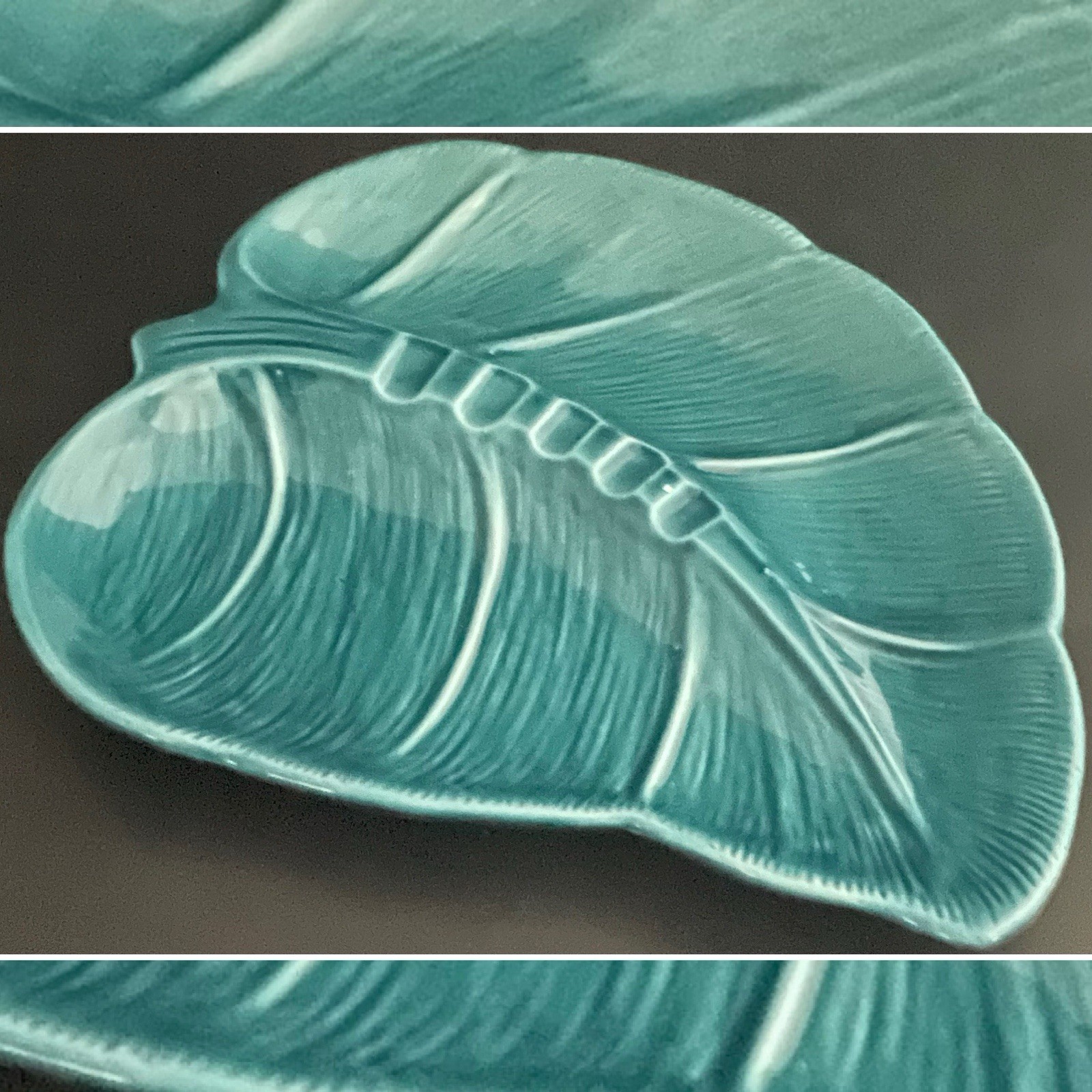 Ceramic Blue Leaf Glazed Cigar & Cigarette Ashtray c1960s Made in Japan 9.5″x12″