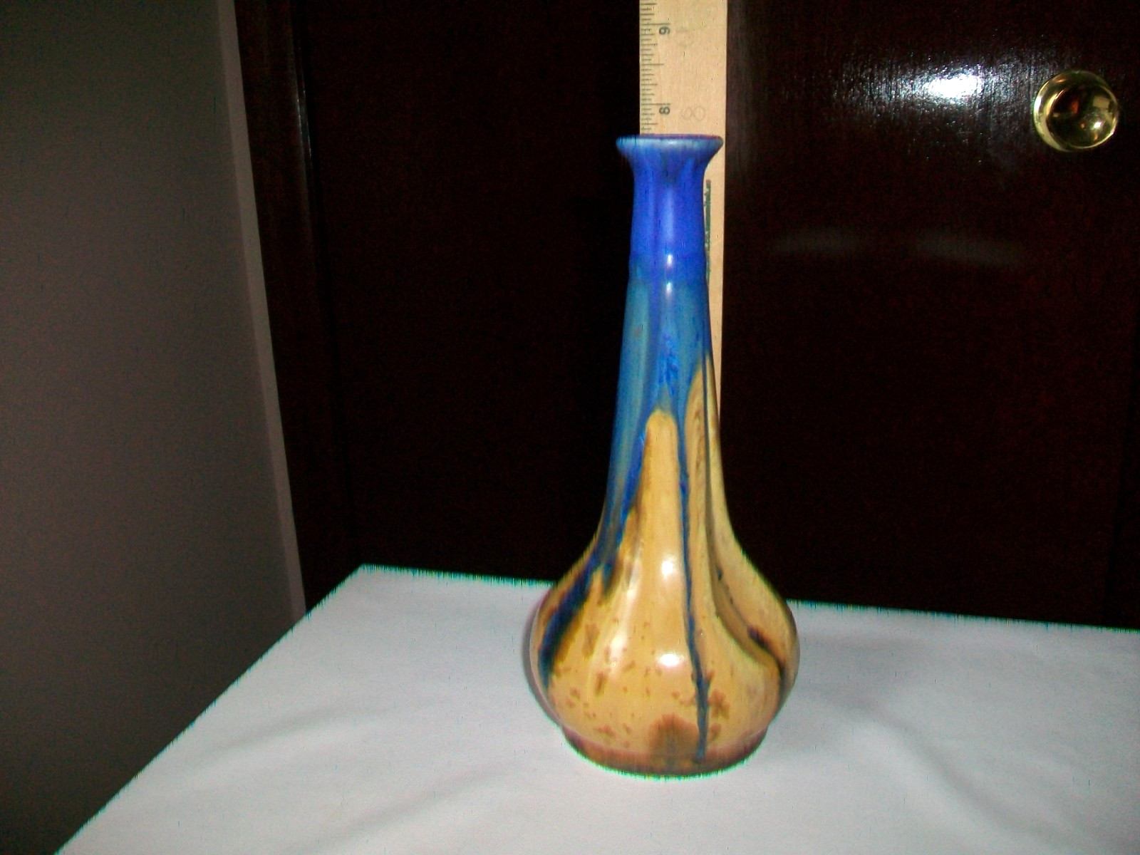 VINTAGE ART POTTERY BUD VASE MADE IN FRANCE BLUE TAN BROWN 7 1/2″