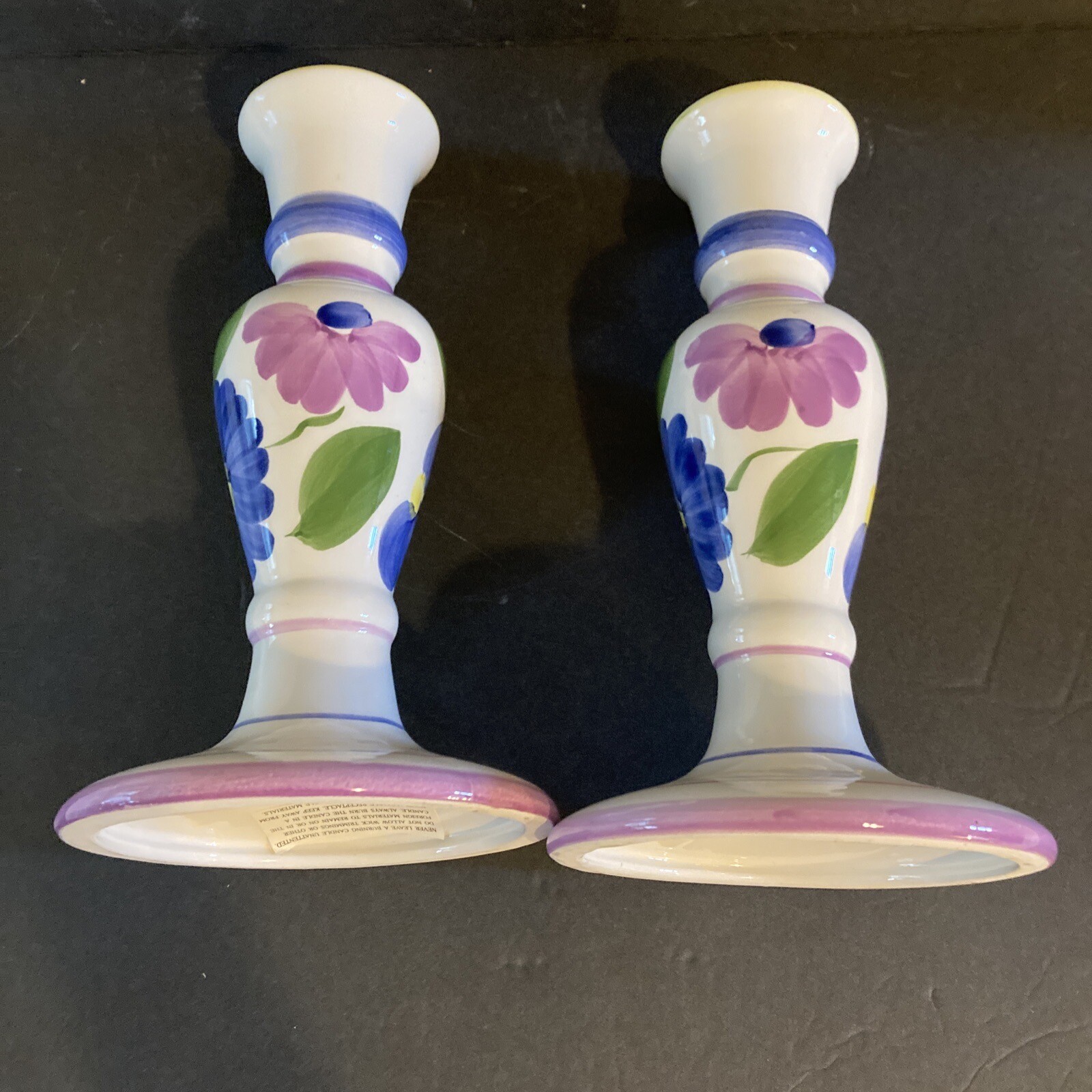 SALE Vintage Pair Candlesticks Ceramic Hand painted 9” Tall