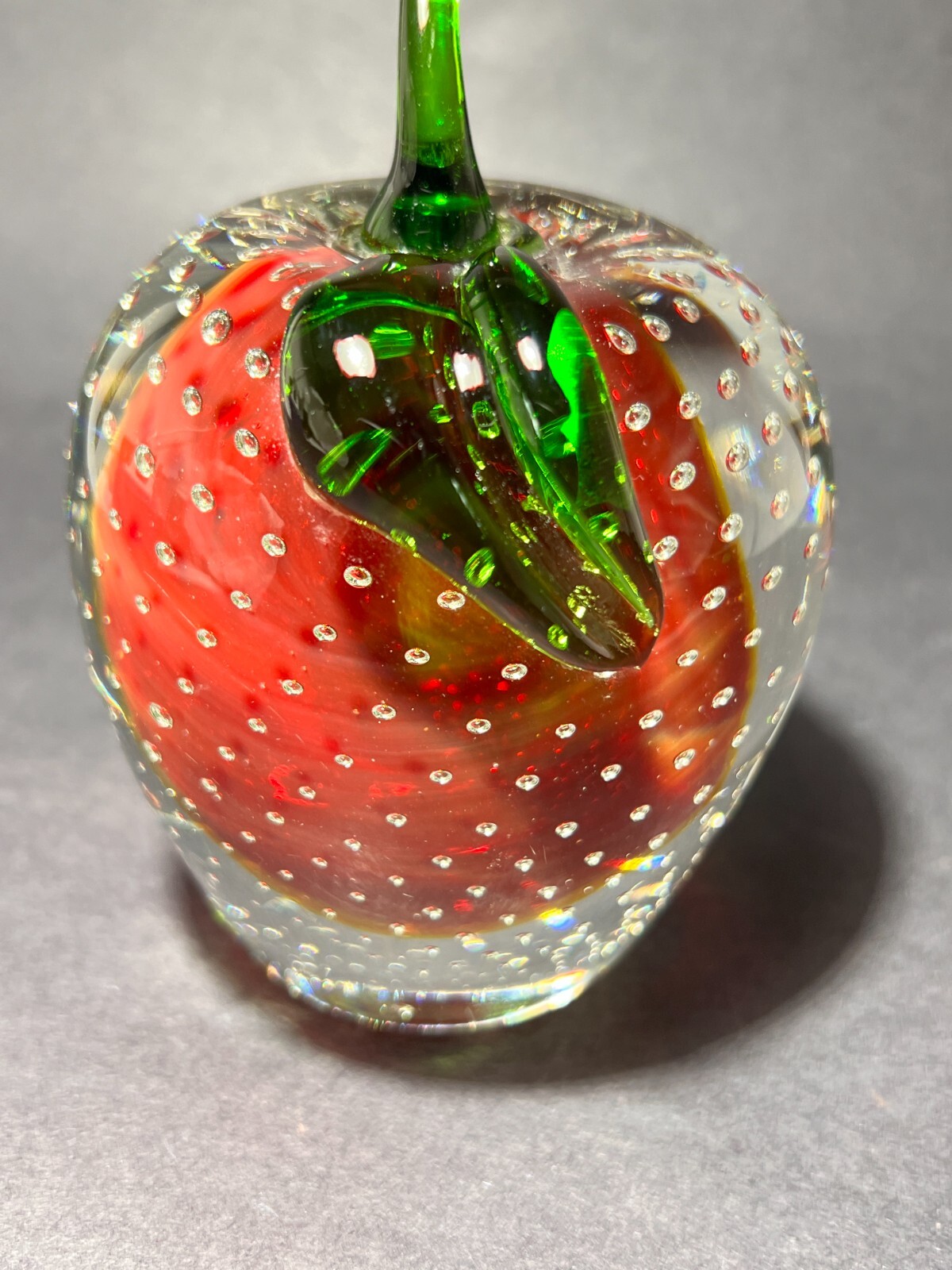 Apple Paperweight Art Hand Blown Glass Cased Clear Red Handcrafted Bubbles Glows