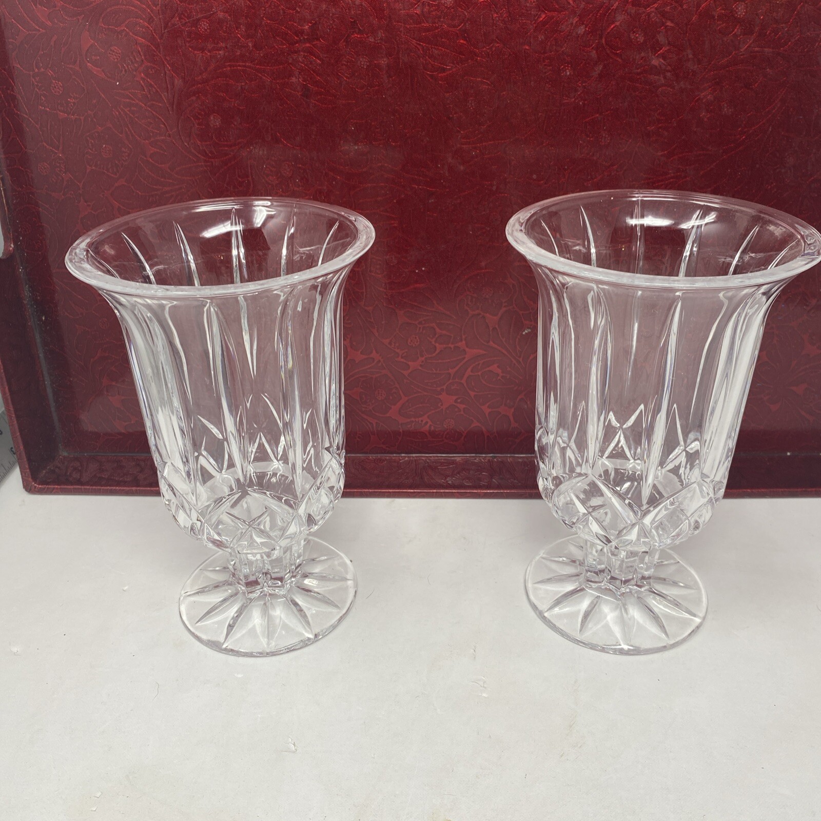 Crystal GLASS PEDESTAL VASES 7” Tall Candle Votive Holder Hurricane Style Pair 2