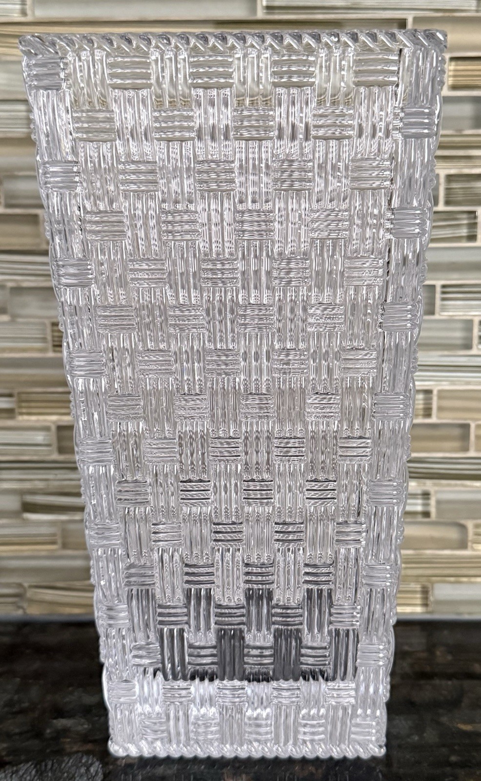 TIFFANY & CO Square Basket Weave 10” Crystal Vase, Made In Germany