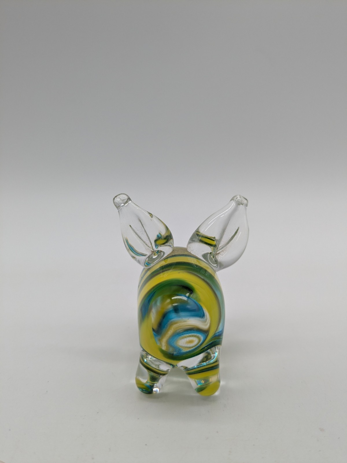 Handblown Glass Pig Figurine Green & Yellow Swirl Small 2″ Marked