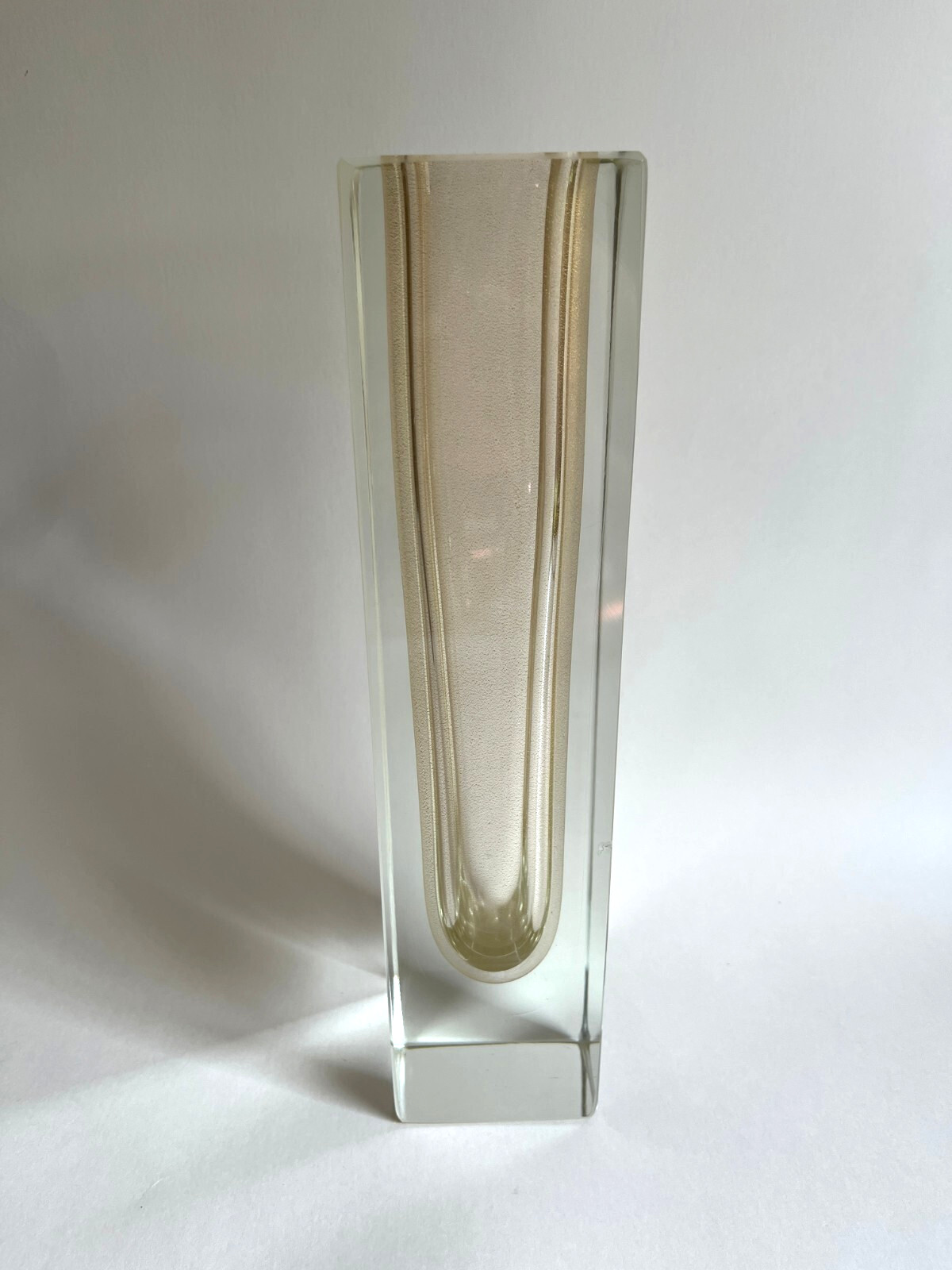 Vintage MCM Flavio Poli Murano Sommerso Cube Vase Clear Gold Stardust 11.75″