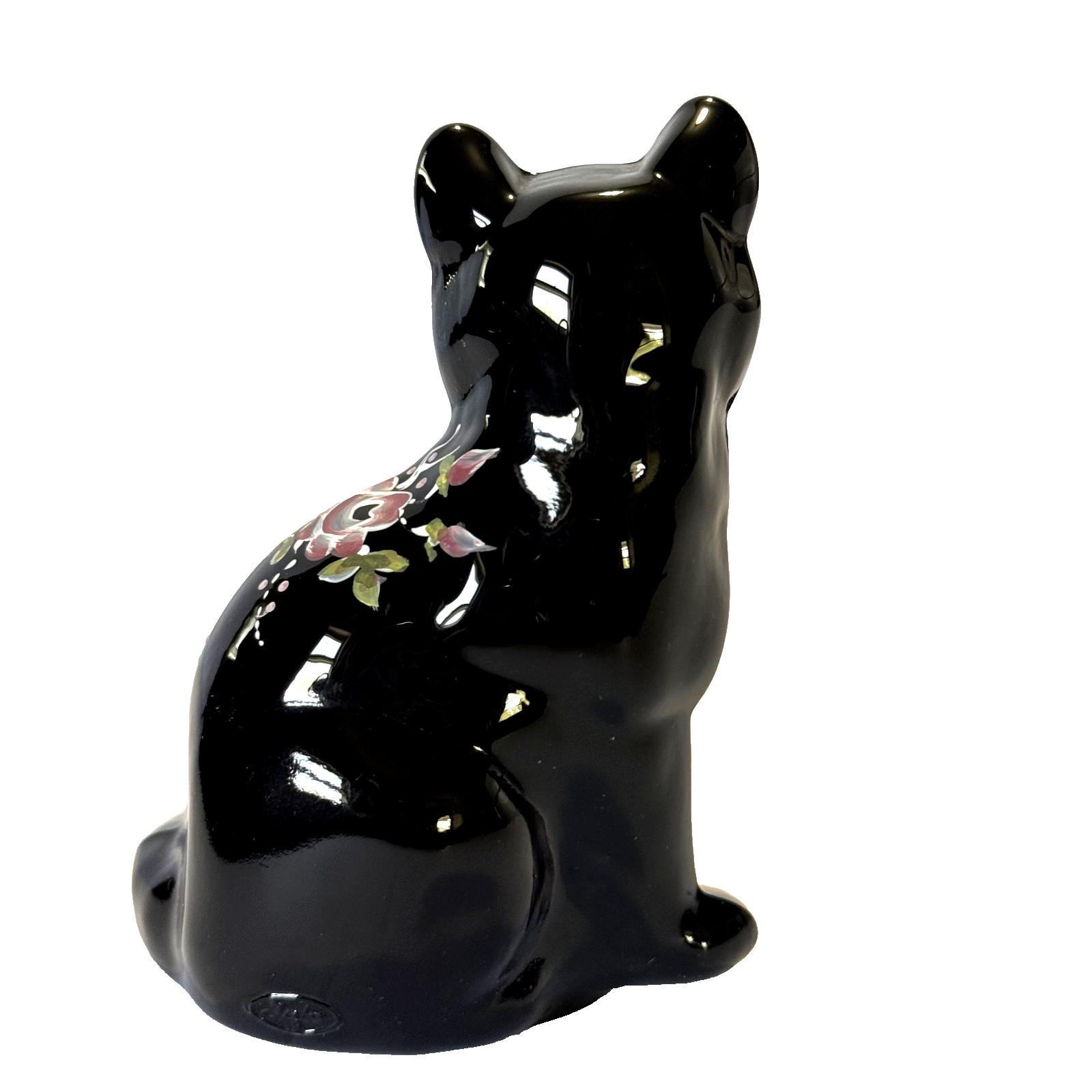 Vintage Fenton Black Copper Rose Cat 1989 B. Cumberledge Original Labels 4 Inch