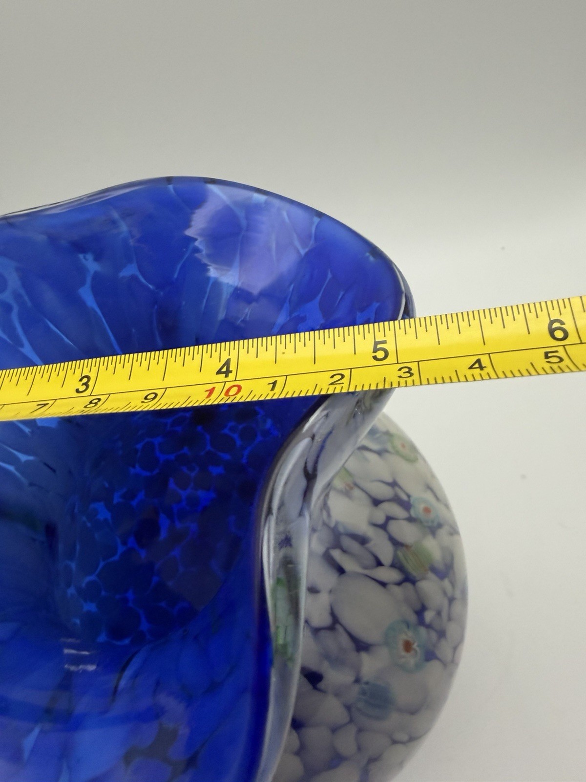 Hand Blown Art Glass Vase Blue & White Millefiori Confetti Vase 8”