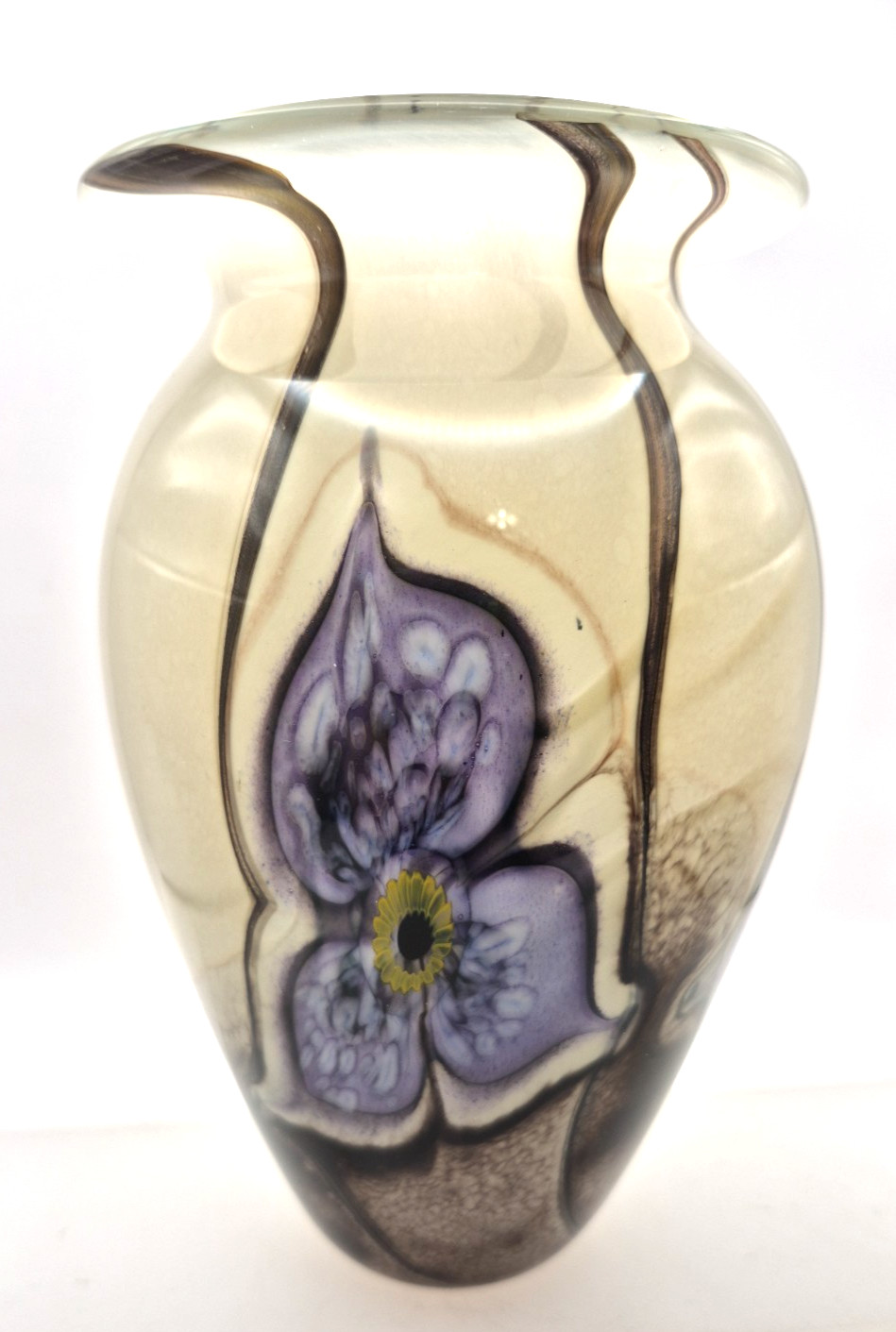 Robert Eickholt Studio Floral Art Glass Vase 7″ Tall 2004 Purple Brown VCLTI