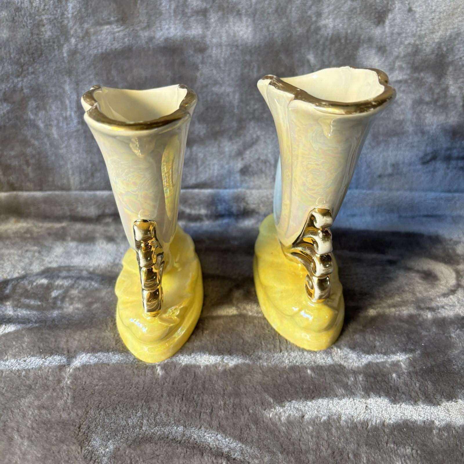 Pair of Opalescent Ceramic Vases 6″ Horn of Plenty Gold Cornucopia Iridescent