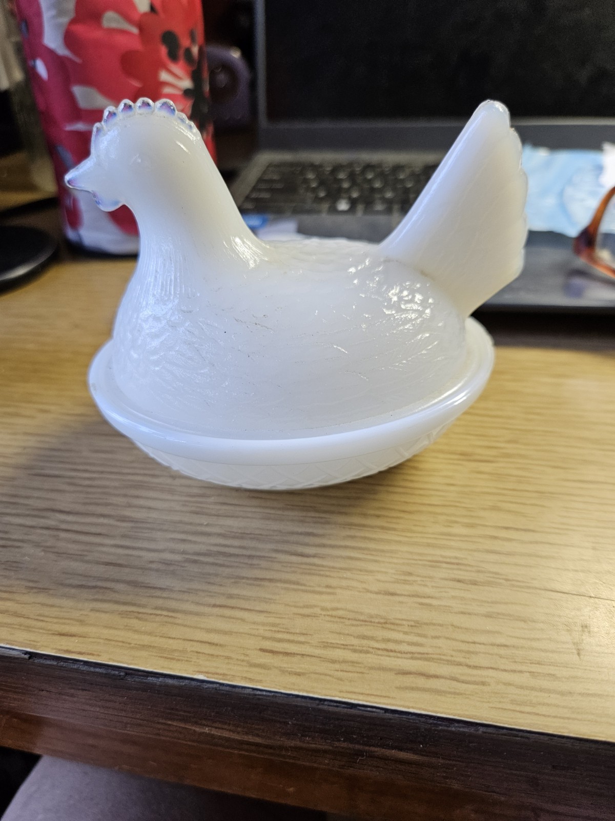 4.5 Translucent Milk Glass Hen On A Nest Ring Of Fire Perfect Condition.