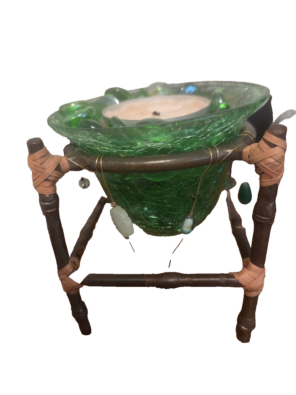 Handmade green beaded art dish, candle, decorative stones.