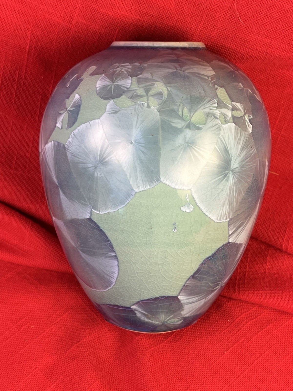 Crystalline Glaze Ceramic Art Pottery Vase Round Signed Blue Green Celadon Art