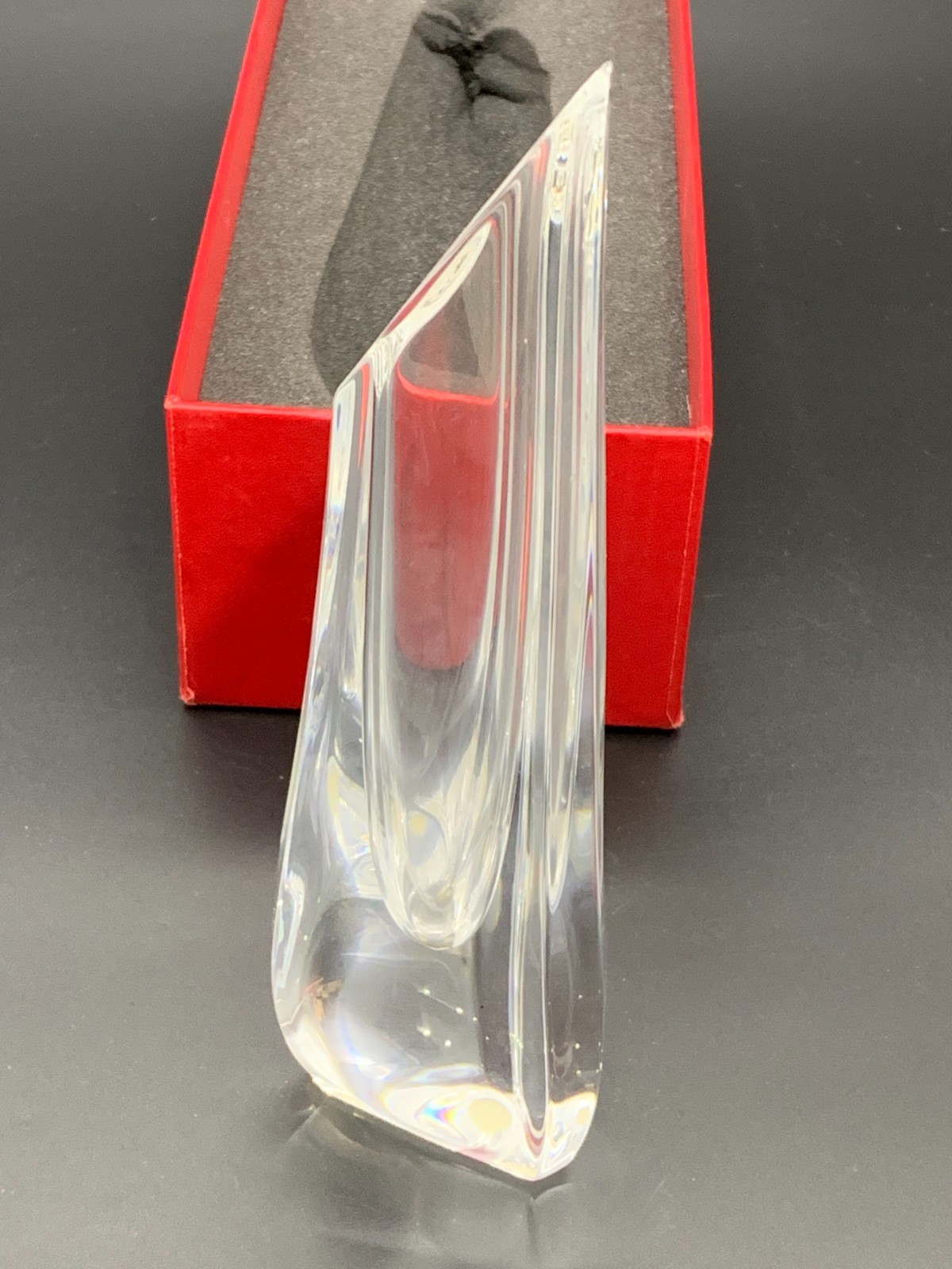 Signed Baccarat Clear Crystal Rose Triangular Bud Vase app. 8.5” w/ Box