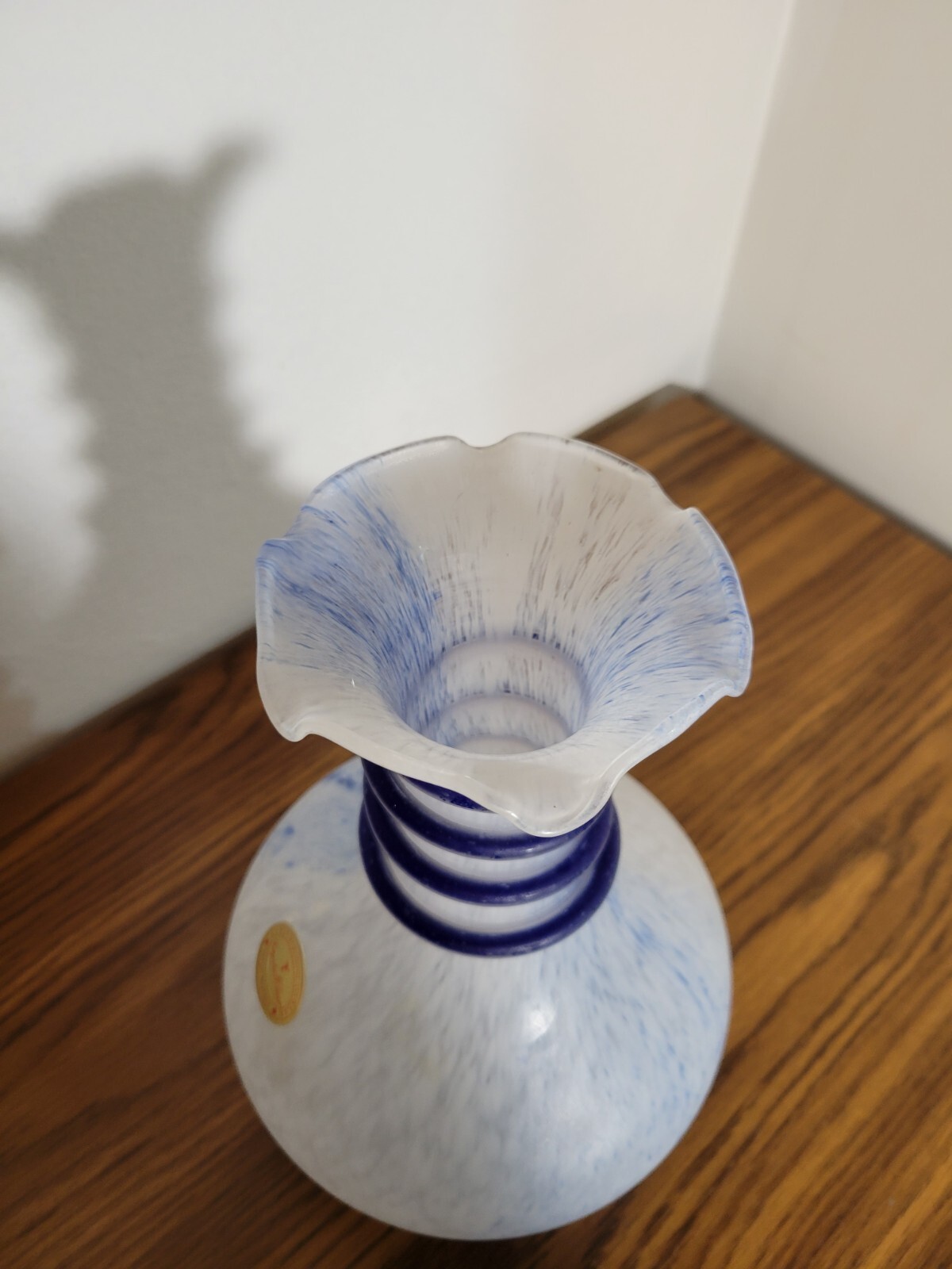 Murano Style Glass Ware Crystal Clear Italy White And Blue Cobalt Spiral Vase