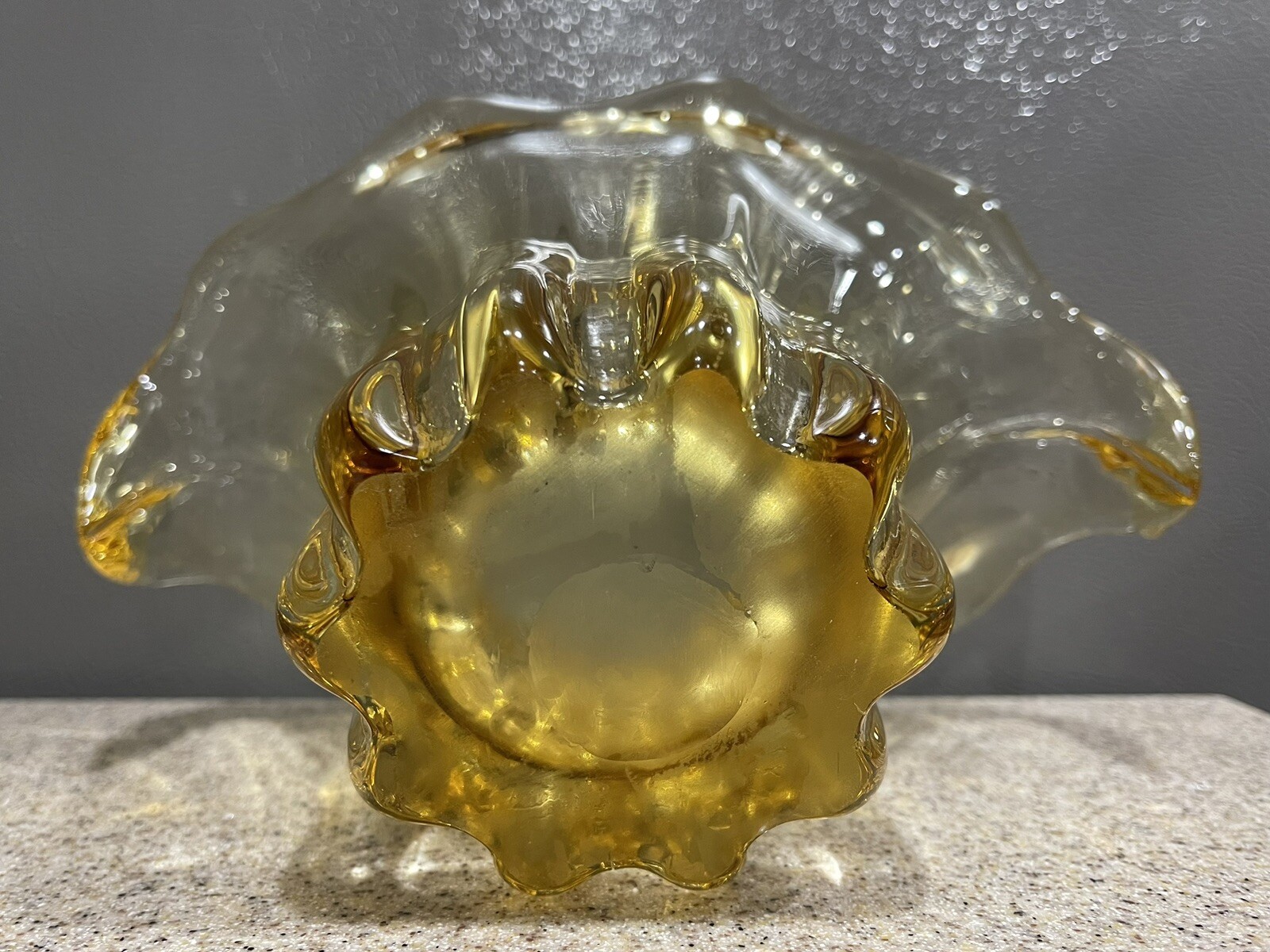 Vintage Amber Hand Blown Art Glass Vase Flower Scalloped Top Handles EUC