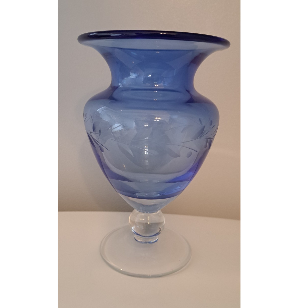 Blue Etched Floral Glass Pedestal Vase, Flared Rim, 8.5 in H x 4.75 in