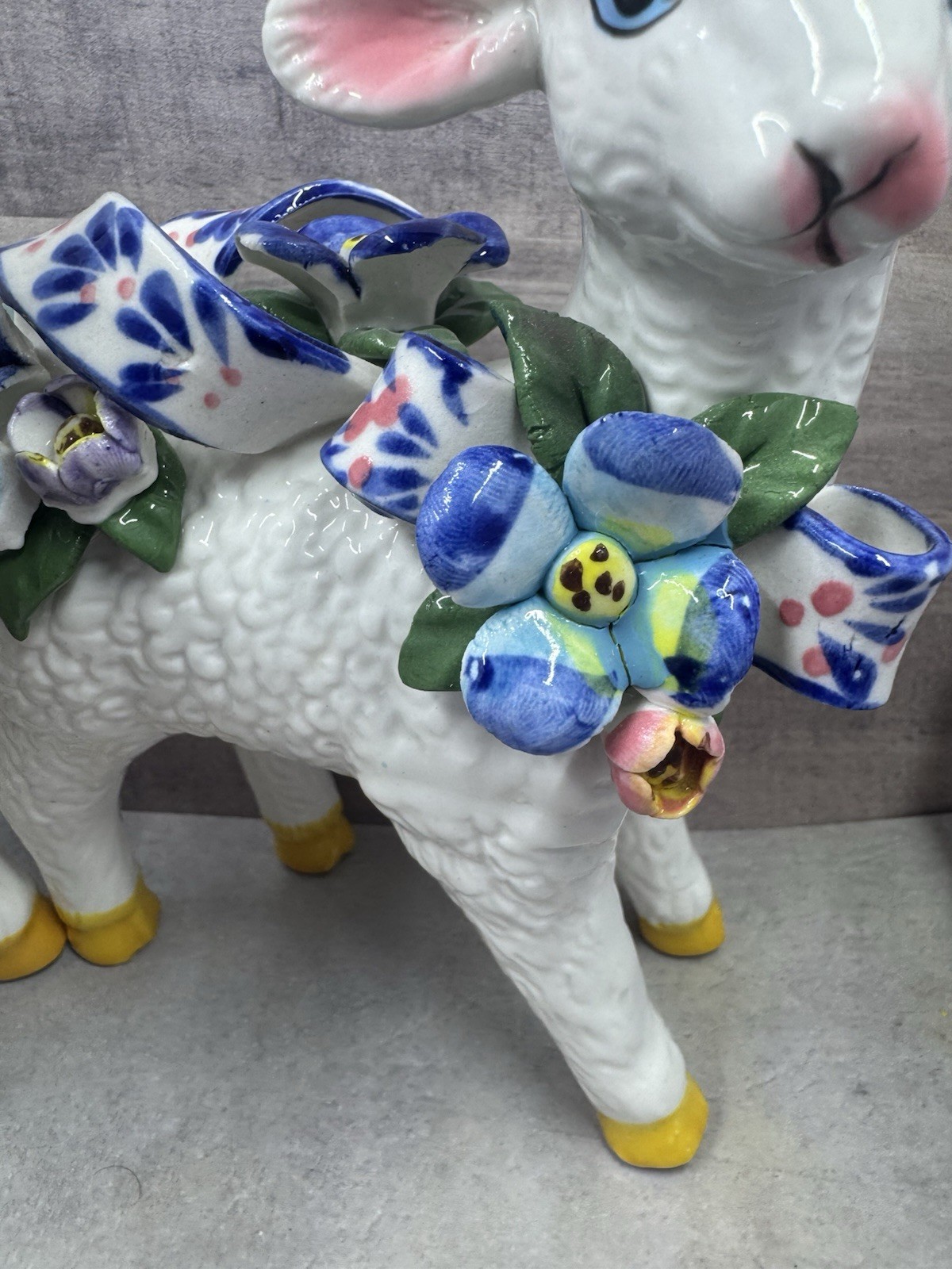 Vintage Porcelain LAMB Figurine Hand-Painted Flowers Capodimonte Style Set Of 2