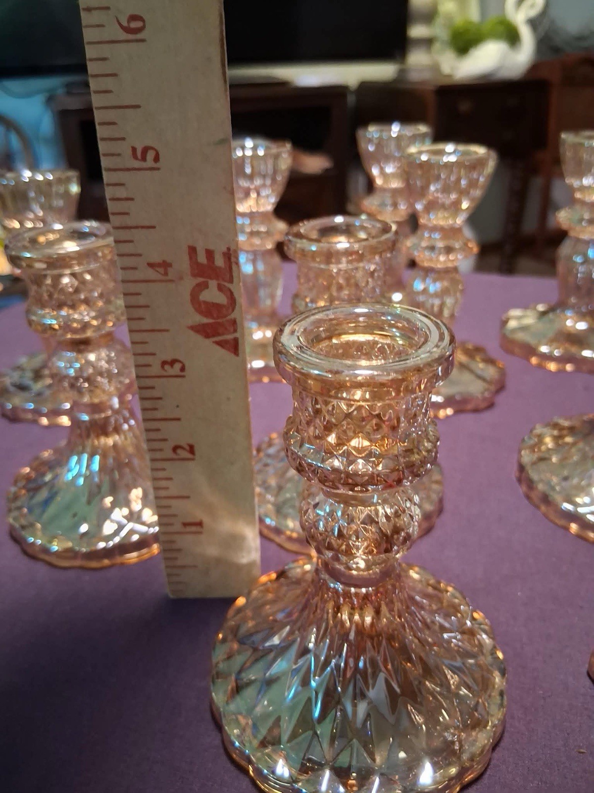 Lot of 12 Iridescent Golden Glass Candlestick Candle Holders Decorative 4 in