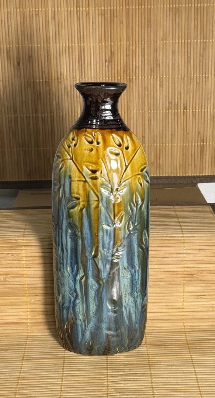 Vintage Style Blue Brown Drip Glaze Art Pottery Vase Embossed Floral Relief