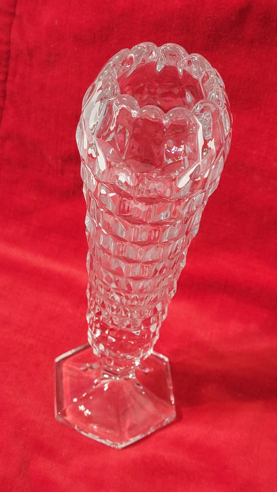 American Cube/Cubist Fostoria Clear Glass Hexagonal Footed Cupped Top Bud Vase