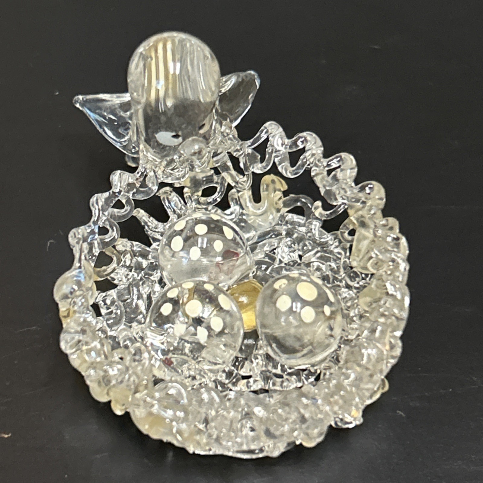 Vintage Collectible Miniature Spun Glass Birds Nest w/Bird and Speckled Eggs