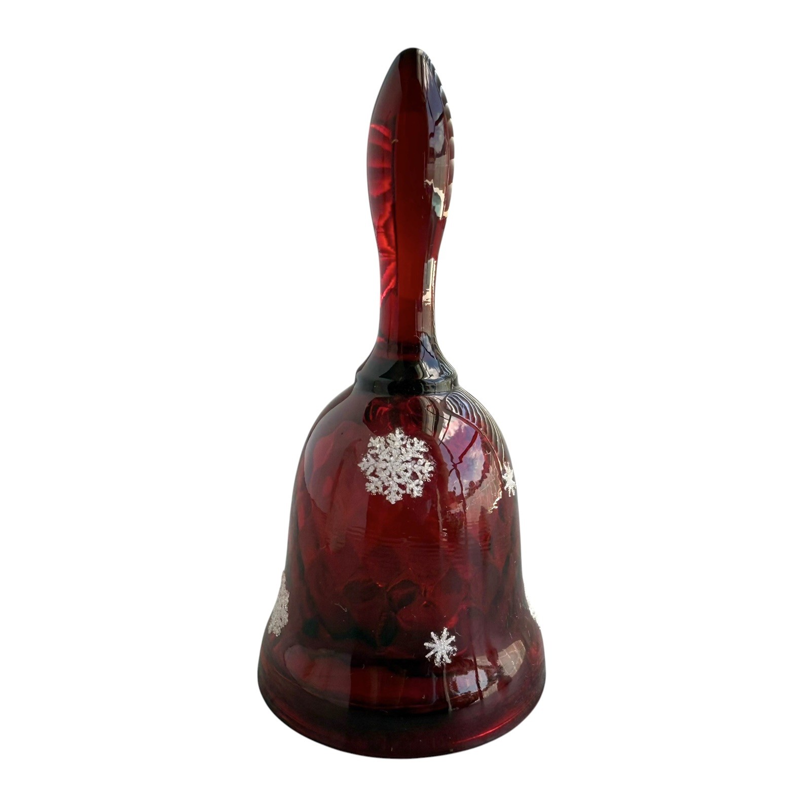 Fenton Festi-Bell Glass Red Hand Painted Snowflakes Christmas Musical Bell 4.5”