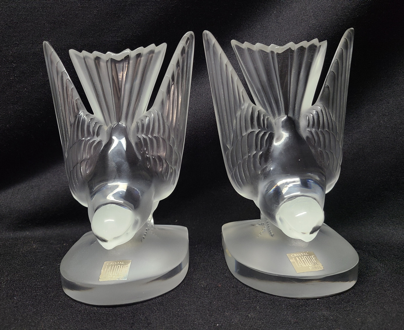 Lalique Deux Hirondelles Two Swallows Crystal Paperweights Bookends, Signed