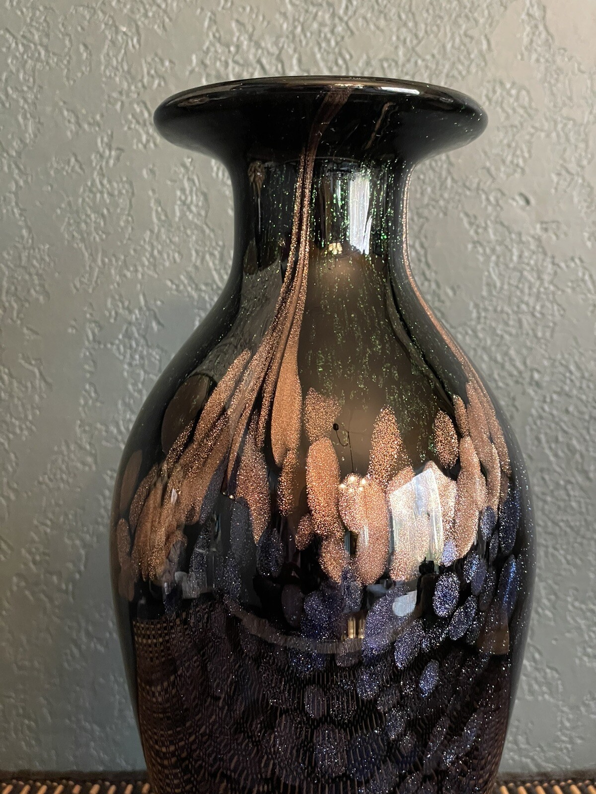 VTG 1990’s Dale Tiffany Mardi Gras Favrile Vase Black Glass W/ Gold Purple