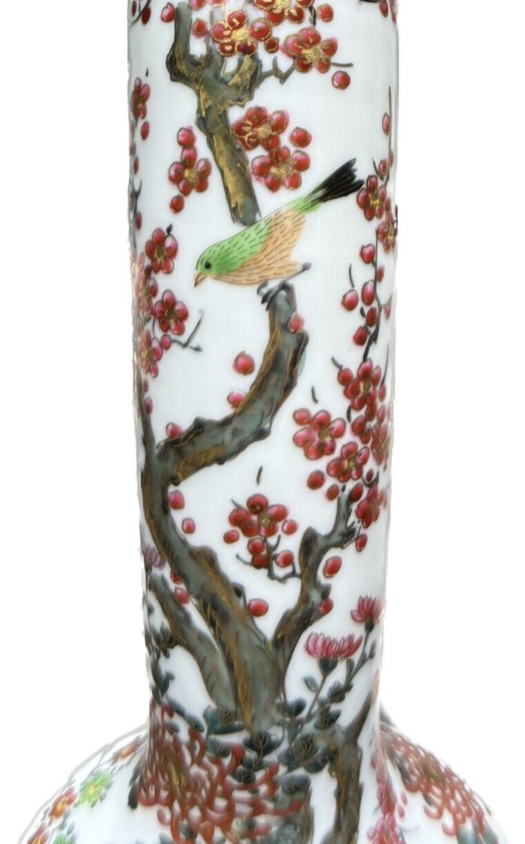 Stunning Hand Painted Porcelain Cherry Blossoms & Flowers Bulbous Vase Asian