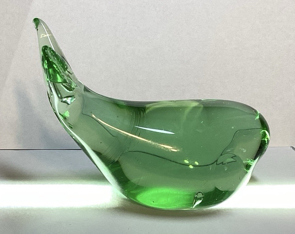 Vintage Swedish Green Handblown Art Class Whale Figurine Paperweight