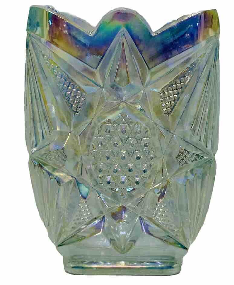 L.E. SMITH Iridescent Vase Crystal Hobstar Pattern 5″H Taper Square VINTAGE