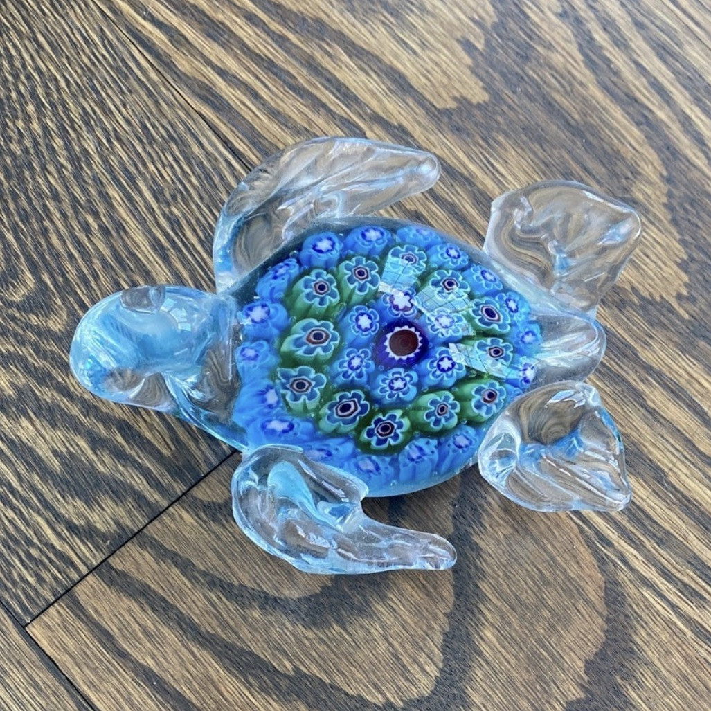 Art Glass Turtle Figurine, Blue Clear Green Multicolor