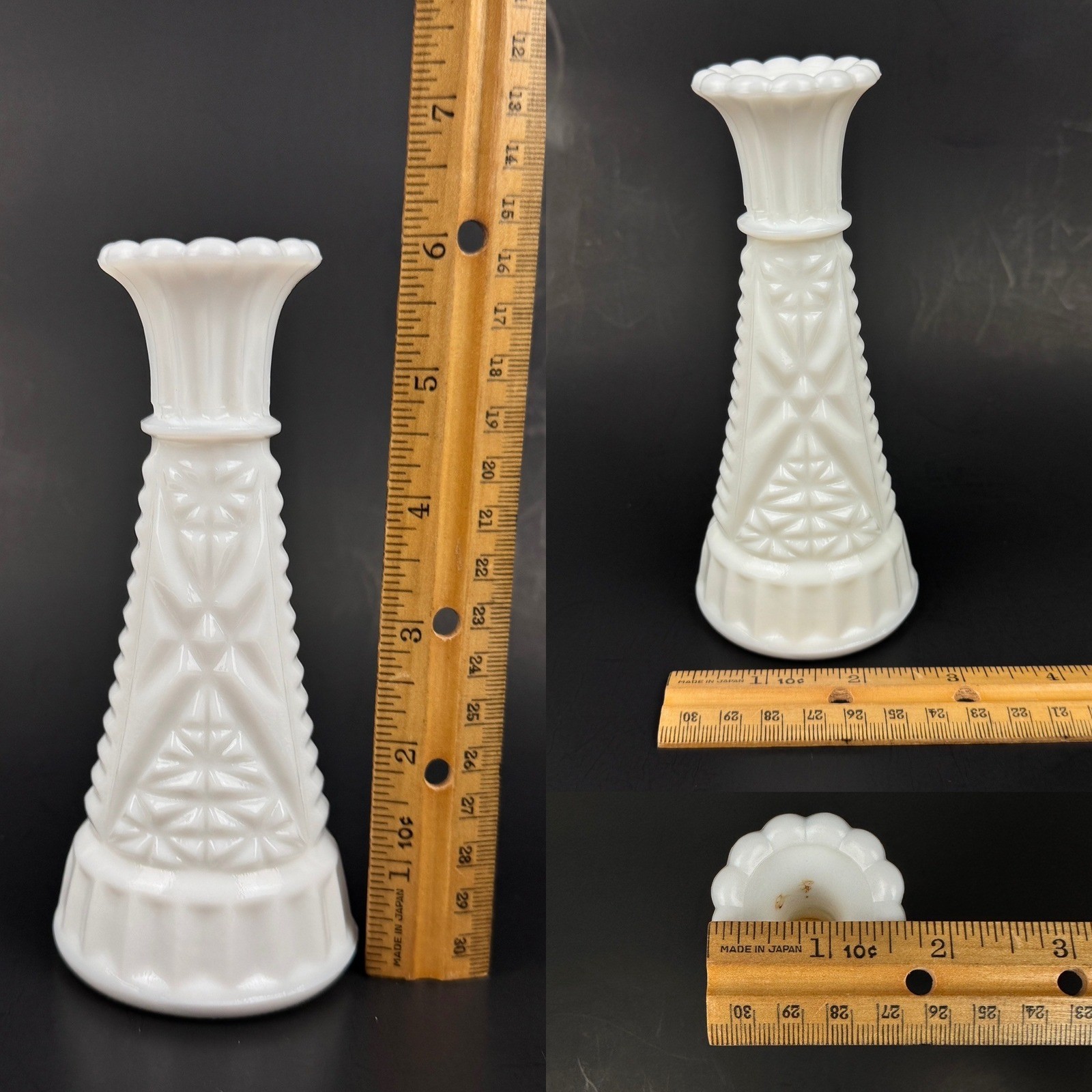 Vtg Tabletop White Milk Glass Textured Bud Vase Stars and Bars Design 6inch Tall