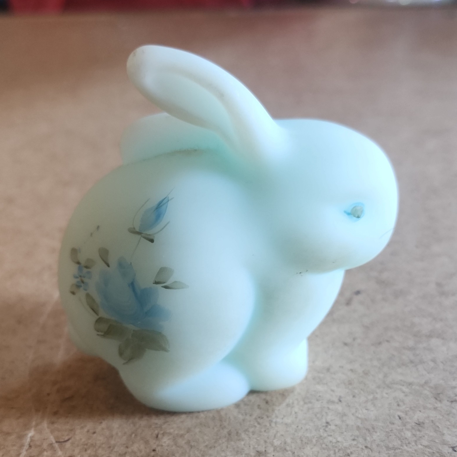 Fenton Hand Painted Signed Blue Glass Rabbit Figurine Floral D. Dunner