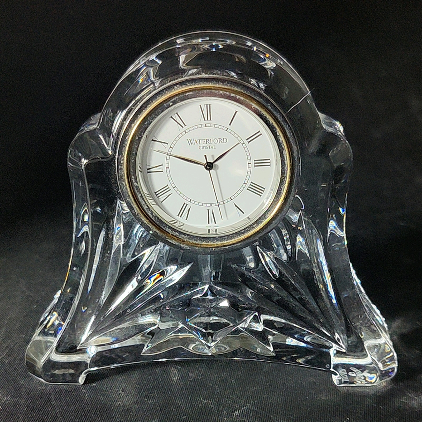WATERFORD ABBEY CLOCK, Cut Lead Crystal, 3 1/2″, Silver & Gold Face, IRELAND