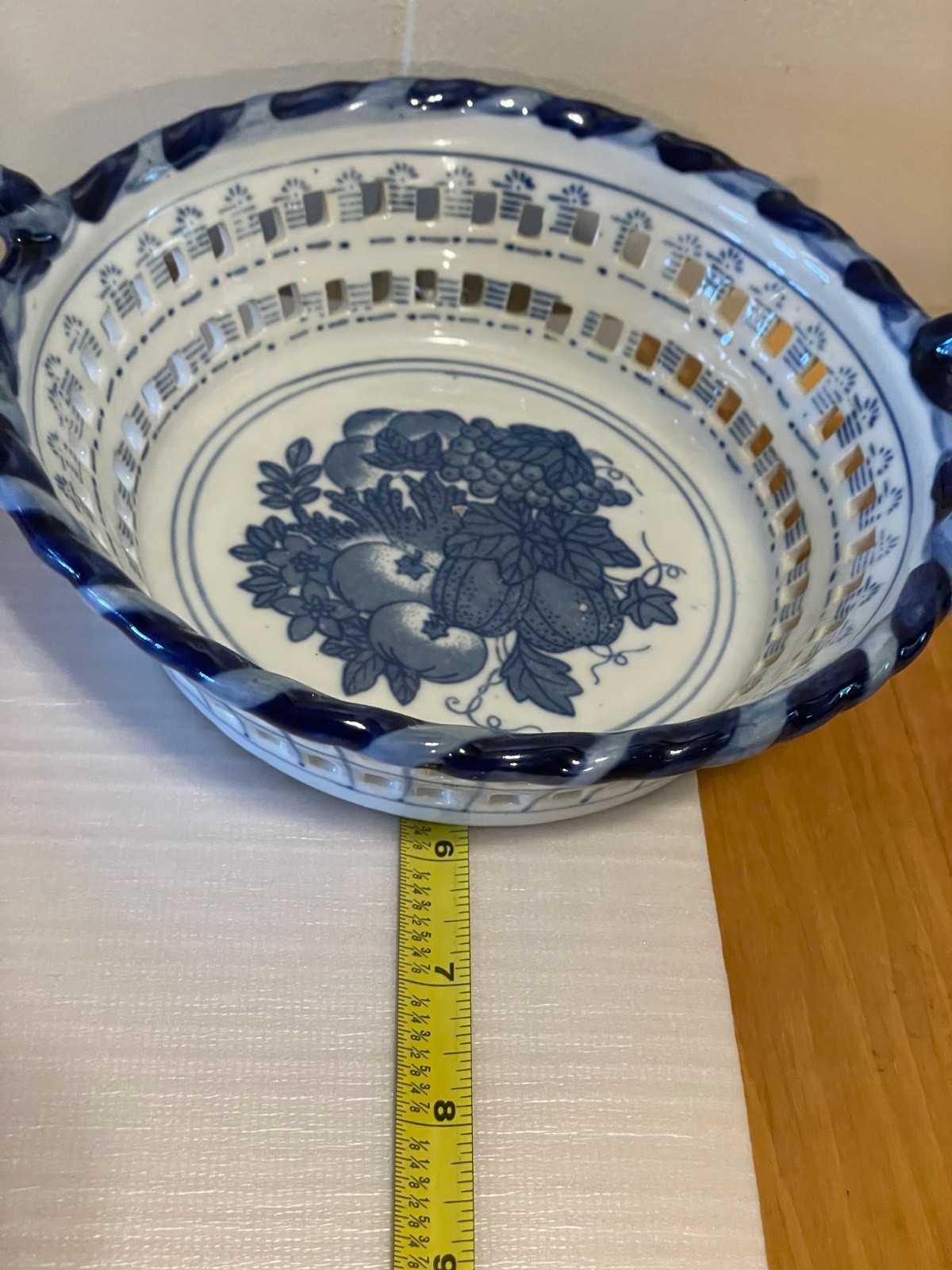 Ceramic Bowl Basket Lattice Fruit With Handles White Blue 8 Inch 64