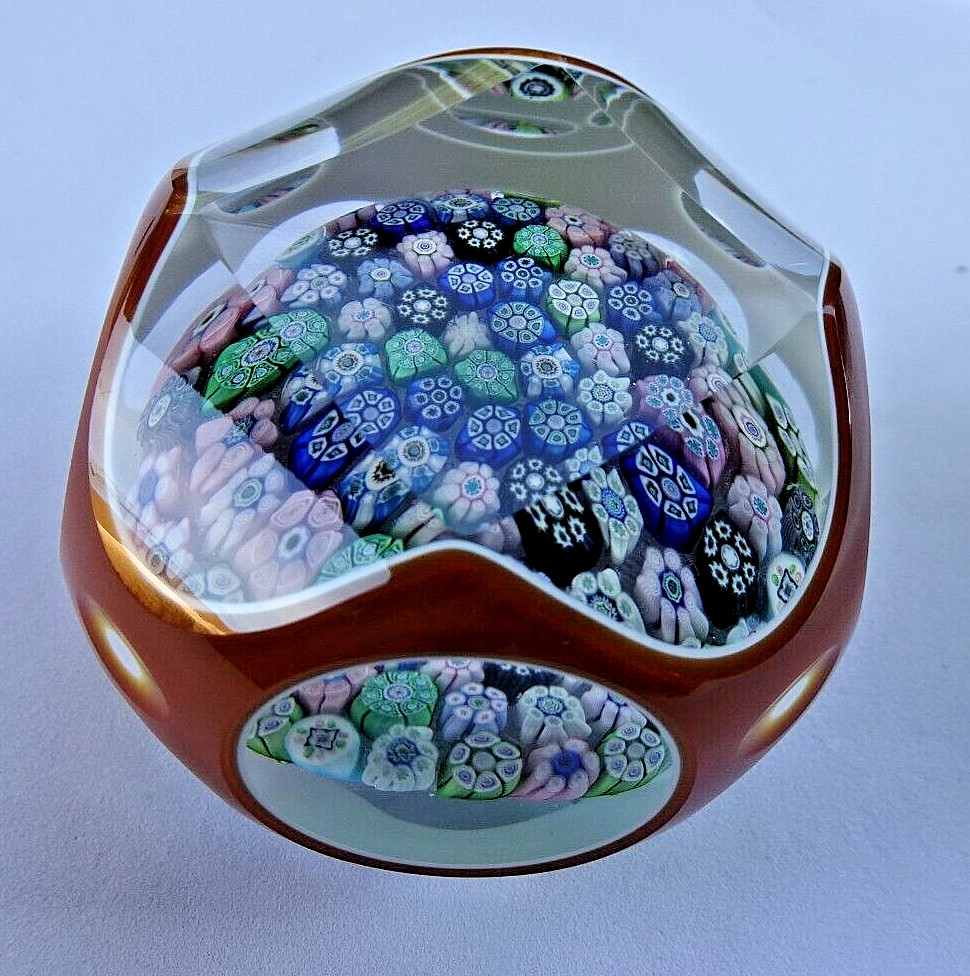 1981H Perthshire Glass Amber Overlay Faceted Millefiori Paperweight Fancy Cut LE
