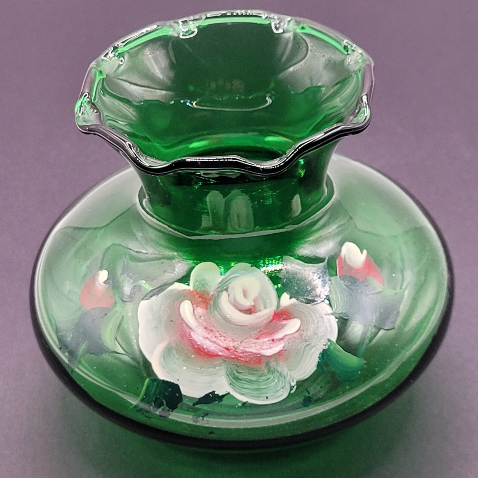 Crimp Ruffle Rim Bud Vase Hand Painted Roses Forest Green Glass Anchor Hocking