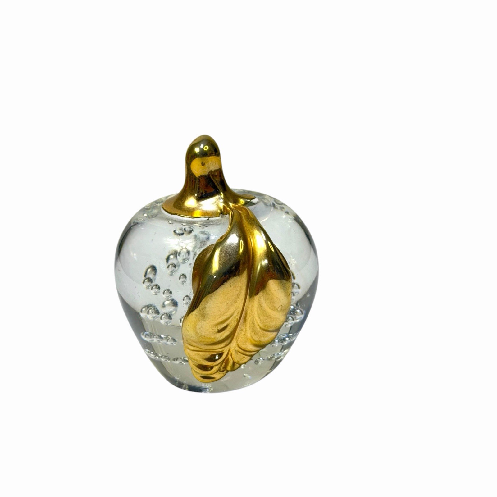Vintage Art Glass Apple Paperweight with Controlled Bubble Clear Gold Stem