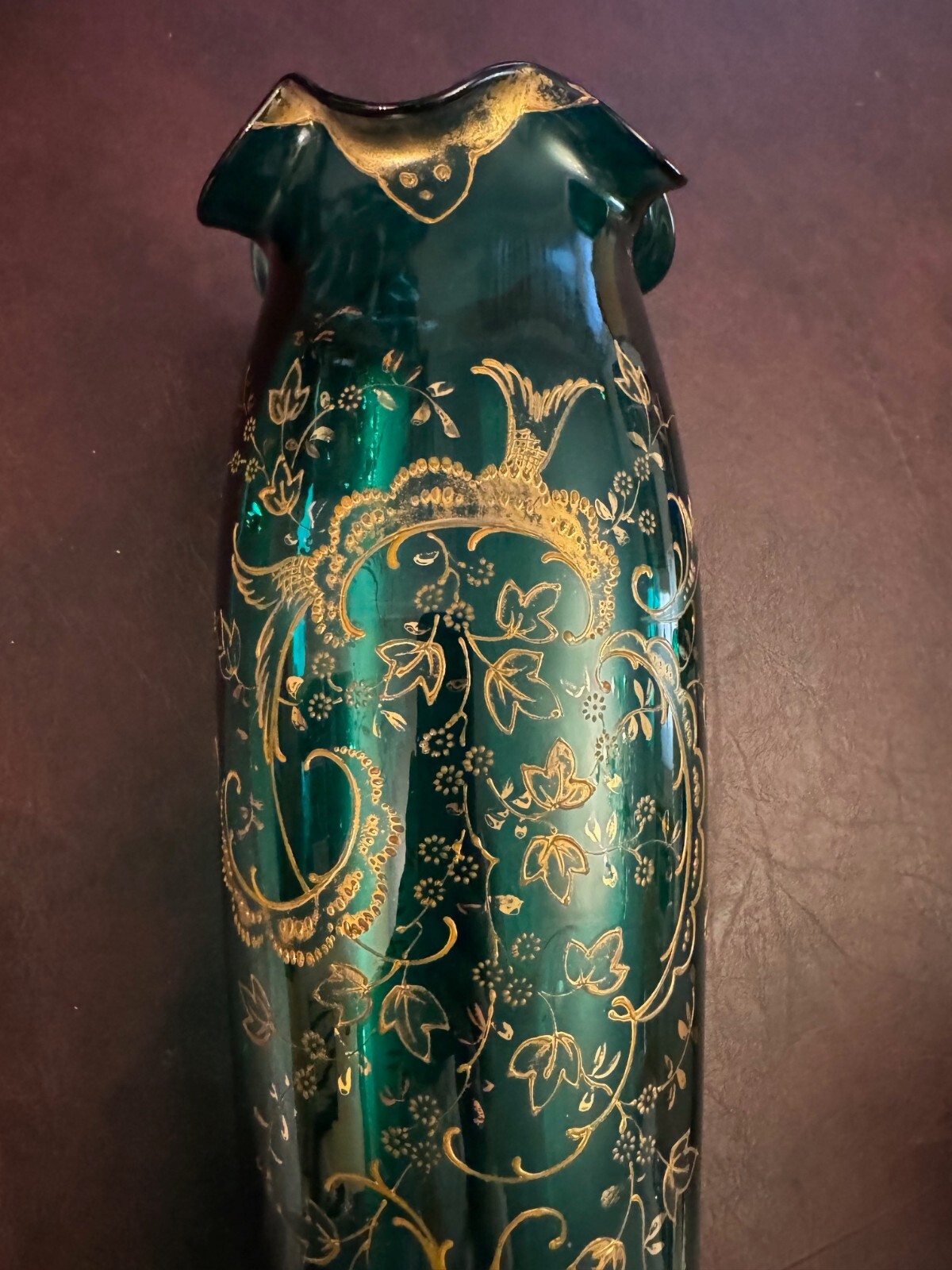 Murano Moser Tiffin style Victorian 1890s emerald gold green glass ruffled vase